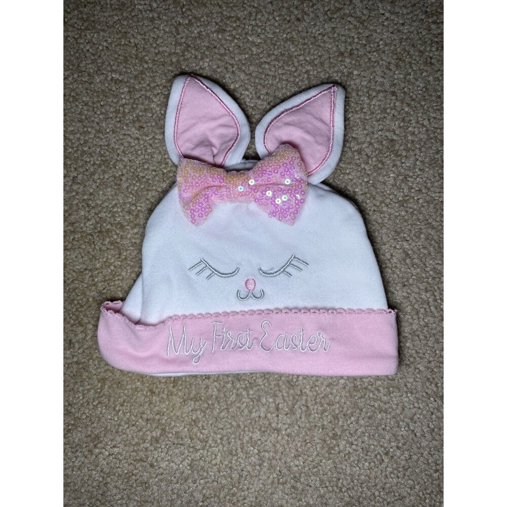 Little Me My First Easter Bunny Hat Beanie Pink Sequin Bow Size 0-12M